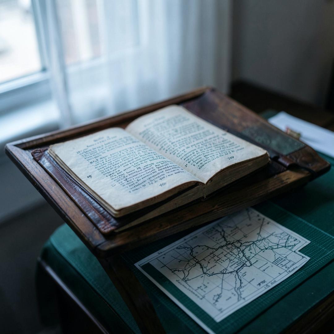 An open scripture on a wooden lectern beside a printed map